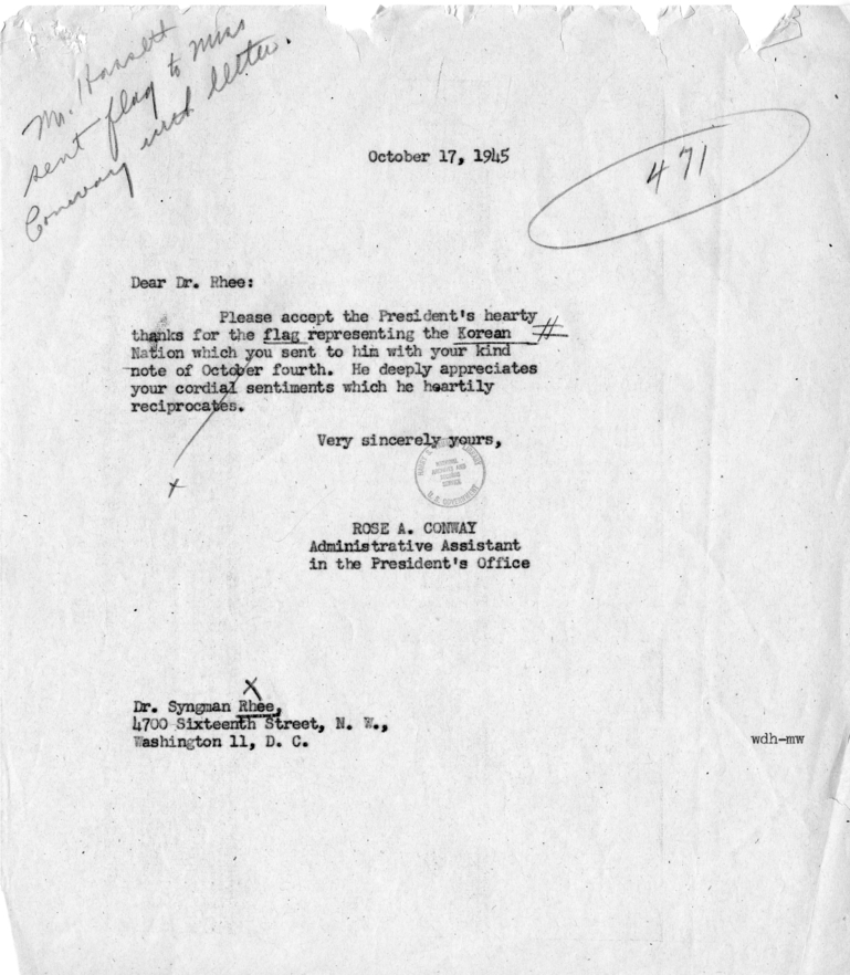 Syngman Rhee to Harry S. Truman With Related Material and Reply From Rose Conway