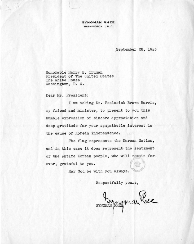 Syngman Rhee to Harry S. Truman With Related Material and Reply From Rose Conway