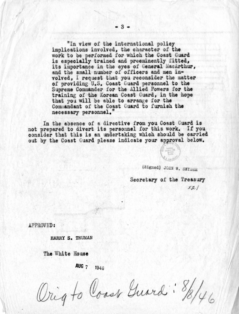 Memo, John Snyder to Harry S. Truman