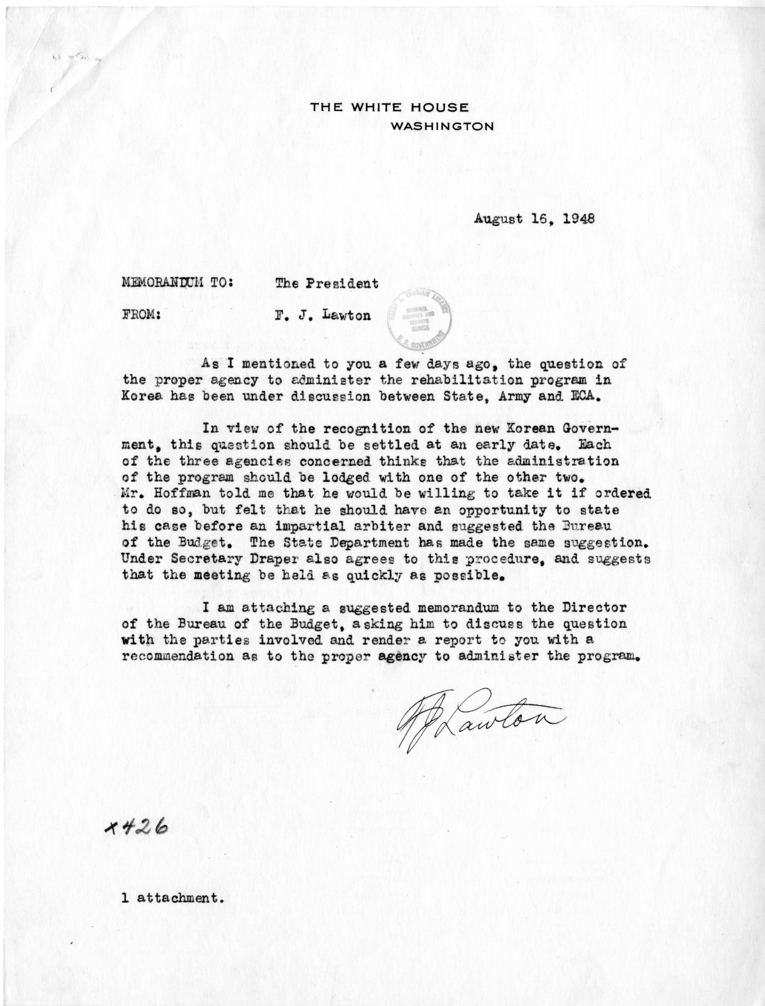 Correspondence Between Frederick J. Lawton and Harry S. Truman with Attachment