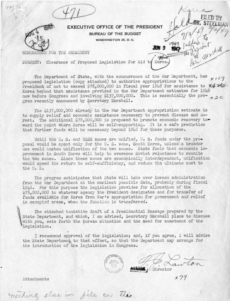 Memo, Frederick J. Lawton to Harry S. Truman with Attachment