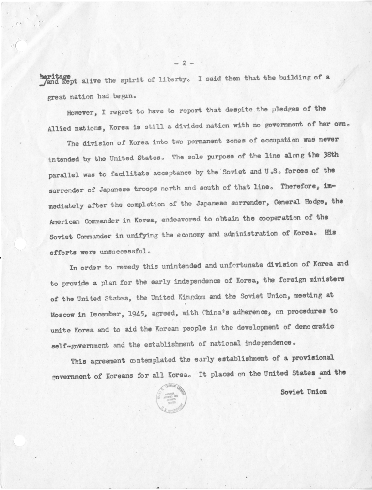 Memo, Frederick J. Lawton to Harry S. Truman with Attachment