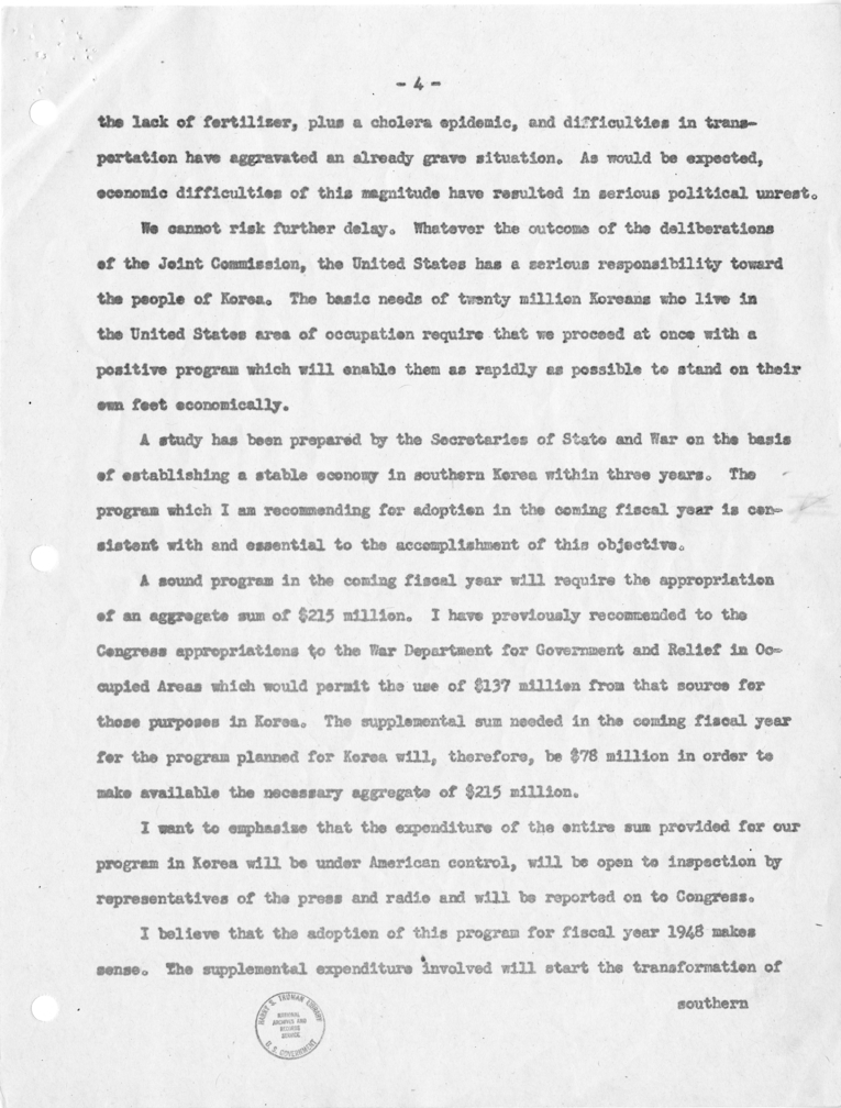 Memo, Frederick J. Lawton to Harry S. Truman with Attachment