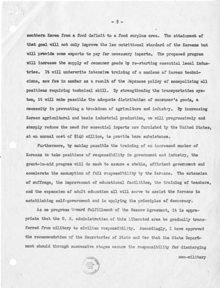 Memo, Frederick J. Lawton to Harry S. Truman with Attachment