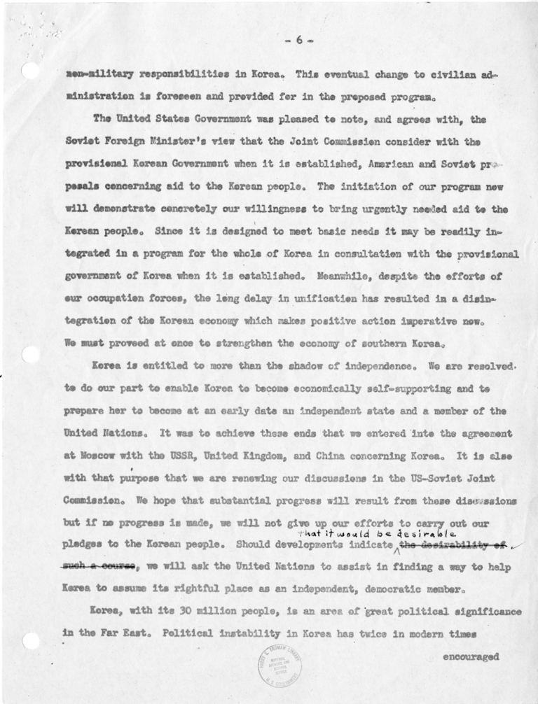 Memo, Frederick J. Lawton to Harry S. Truman with Attachment