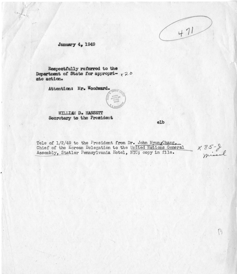 Telegram, John Myun Chang to Harry S. Truman