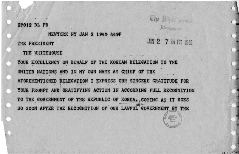 Telegram, John Myun Chang to Harry S. Truman