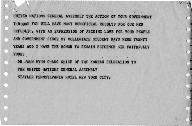 Telegram, John Myun Chang to Harry S. Truman