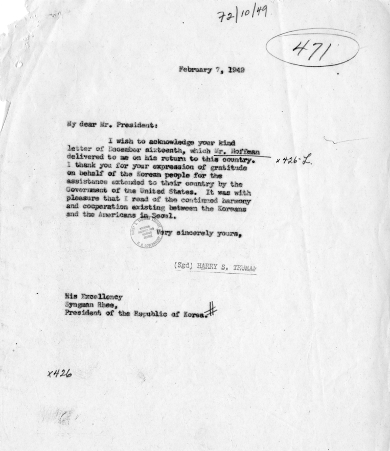 Correspondence Between Syngman Rhee and Harry S. Truman, With Related Material