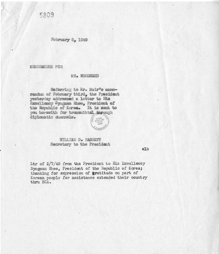 Correspondence Between Syngman Rhee and Harry S. Truman, With Related Material