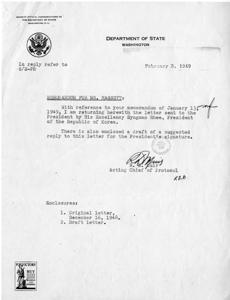 Correspondence Between Syngman Rhee and Harry S. Truman, With Related Material