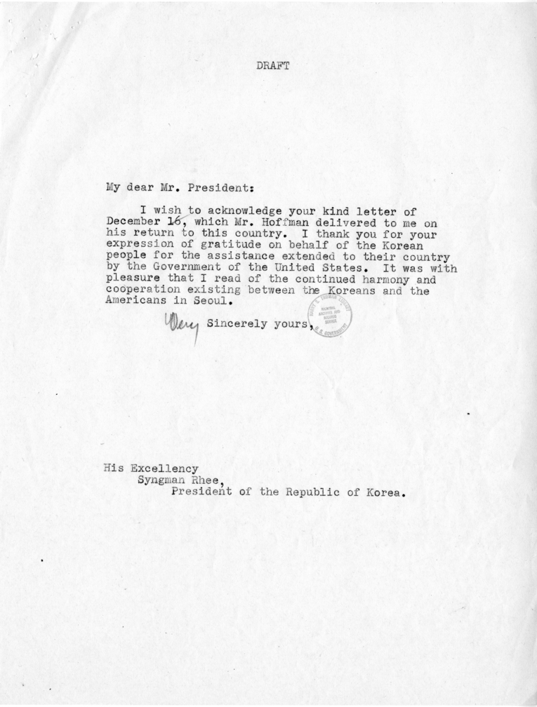 Correspondence Between Syngman Rhee and Harry S. Truman, With Related Material