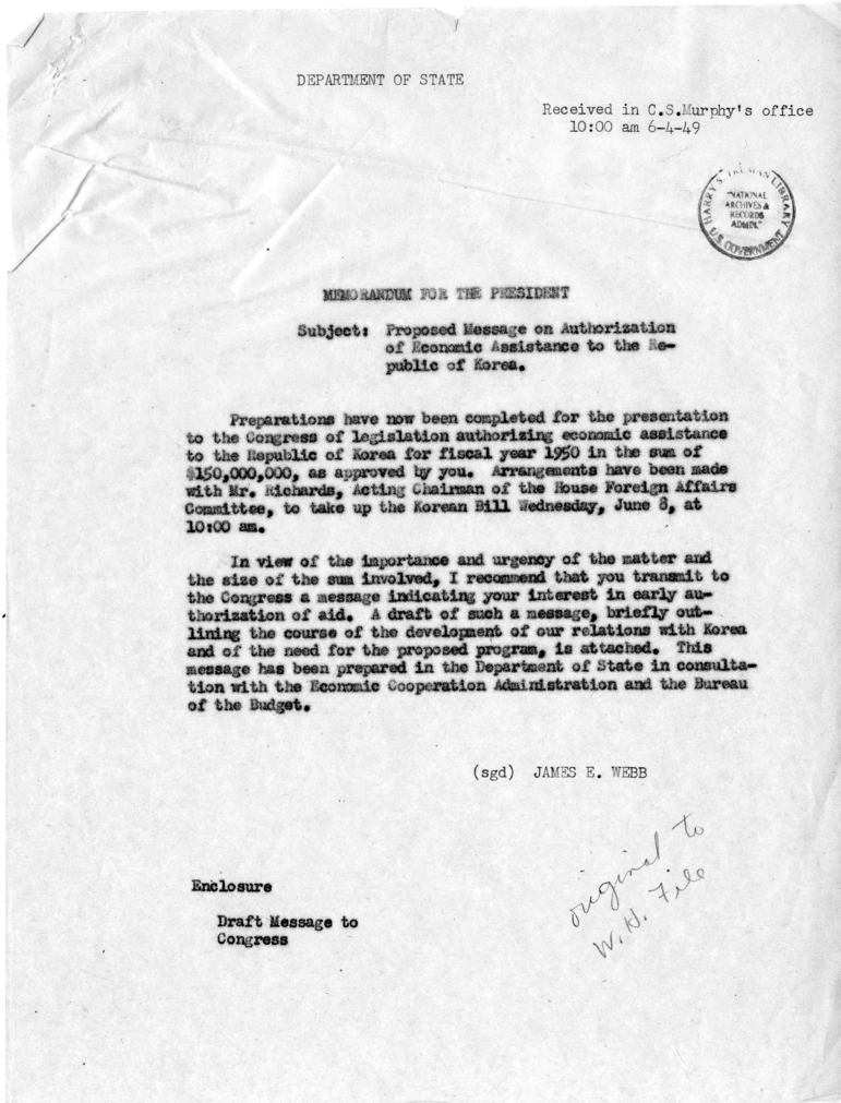 Memo, James Webb to Harry S. Truman with Attachment