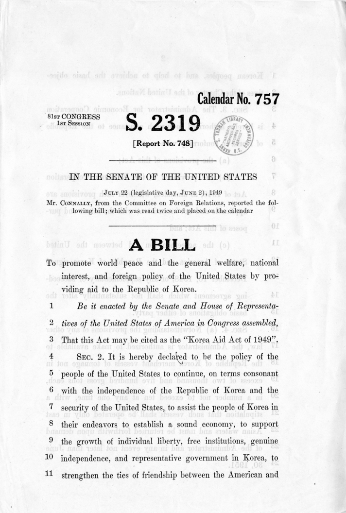 S. 2319, &quot;A Bill to Promote World Peace...by Providing Aid to the Republic of Korea&quot;