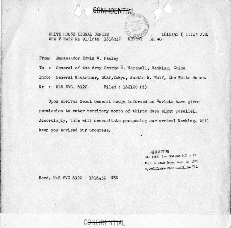 Memo, Edwin Pauley to George C. Marshall