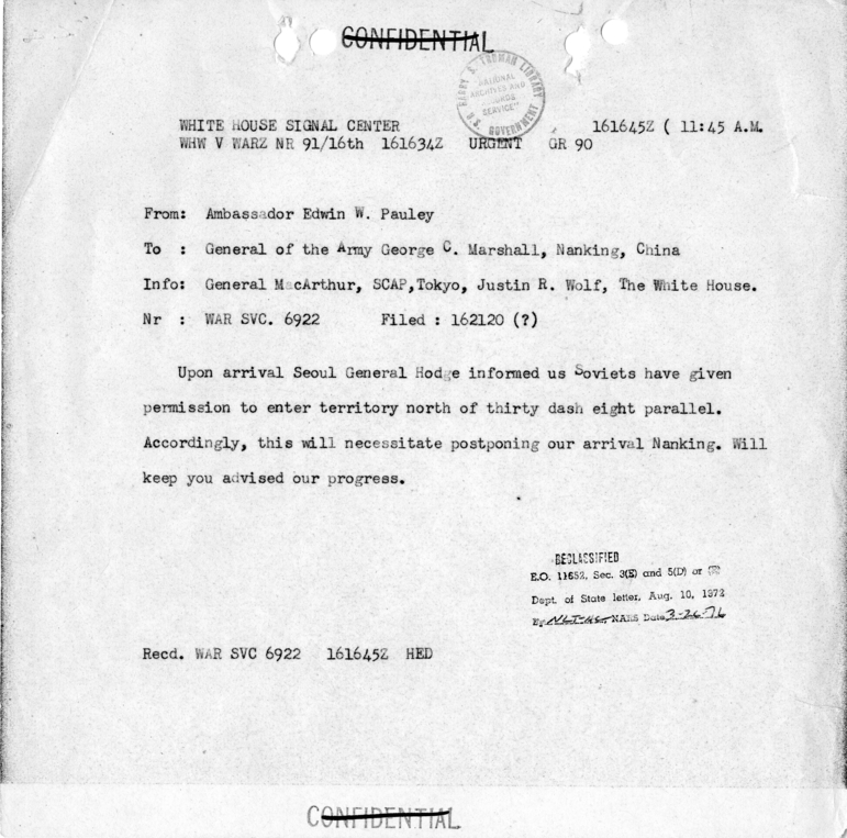 Memo, Edwin Pauley to George C. Marshall