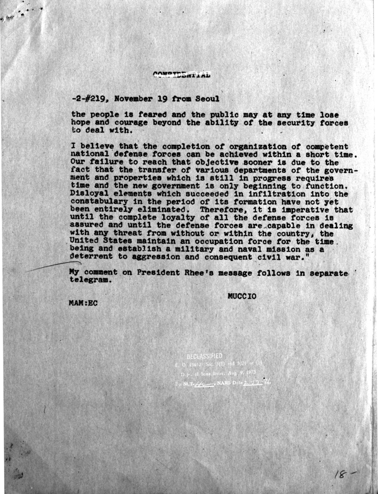 Telegram, John J. Muccio to George Marshall