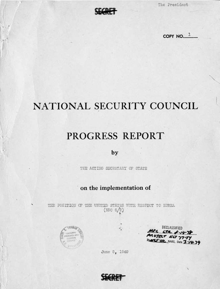 National Security Council Progress Report On the Implementation of National Security Council Report 8/2