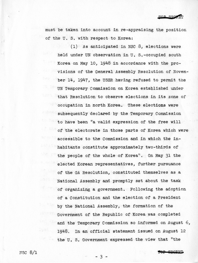 &quot;The Position of the United States With Respect to Korea,&quot; National Security Council Report 8/1