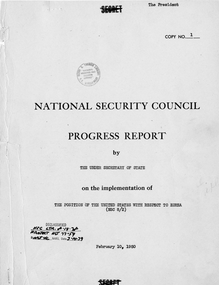 National Security Council Progress Report On the Implementation of National Security Council Report 8/2
