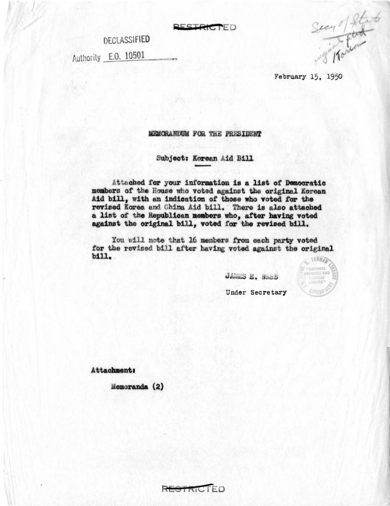 Memo, James Webb to Harry S. Truman with Attachment