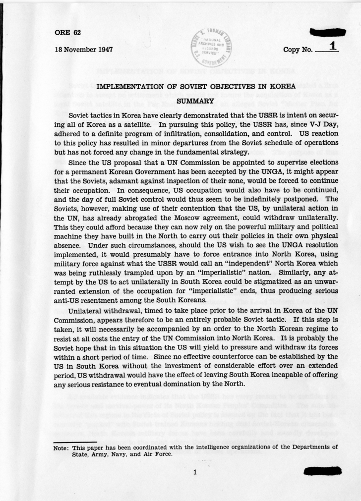 &quot;Implementation of Soviet Objectives in Korea,&quot; Office of Reports and Estimates 62