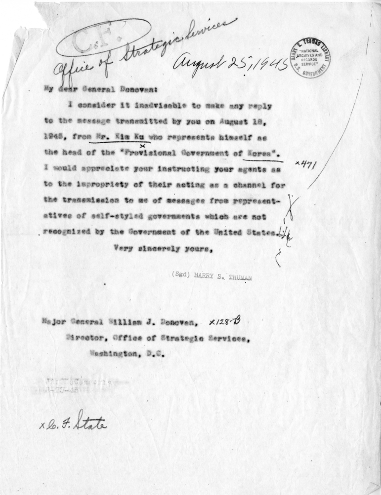 Harry S. Truman to General William Donovan with Related Material