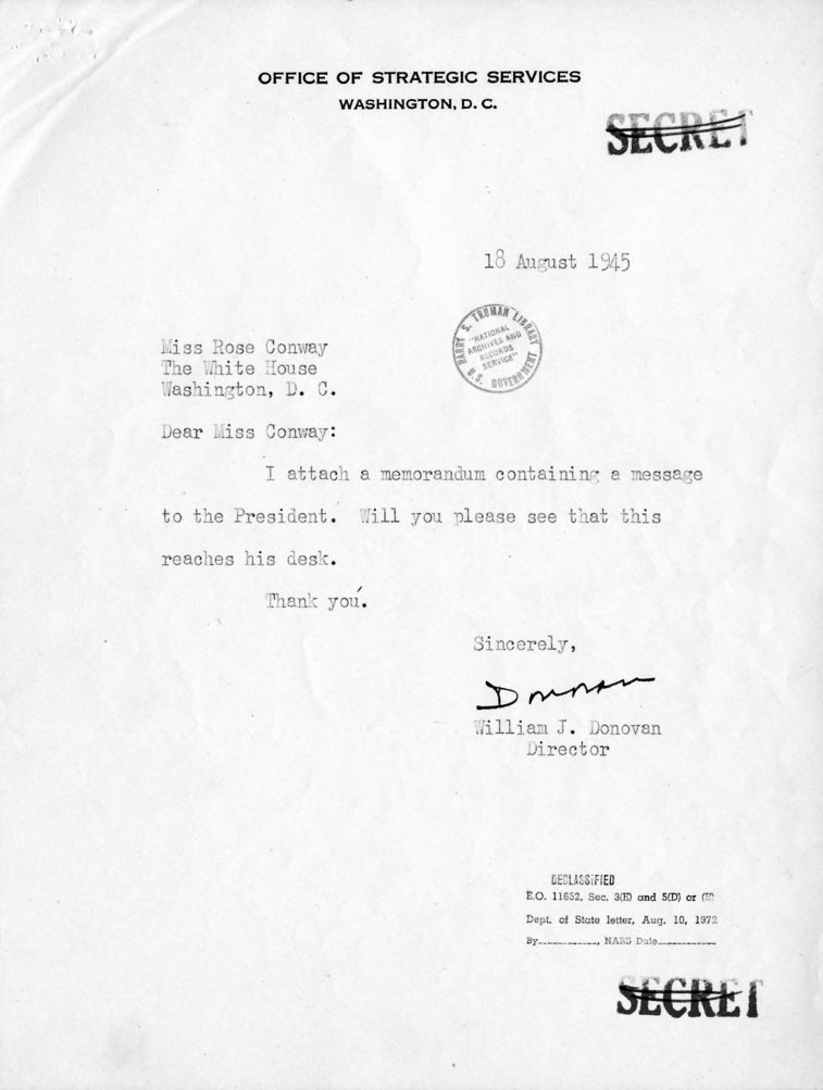 Harry S. Truman to General William Donovan with Related Material