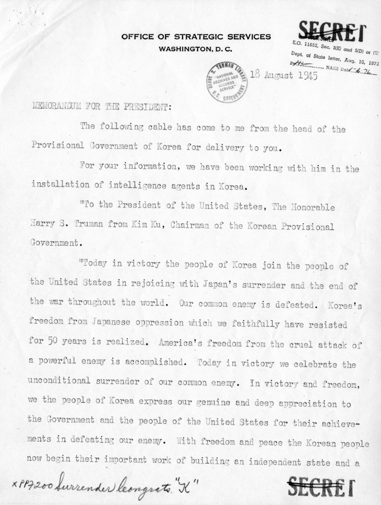 Harry S. Truman to General William Donovan with Related Material