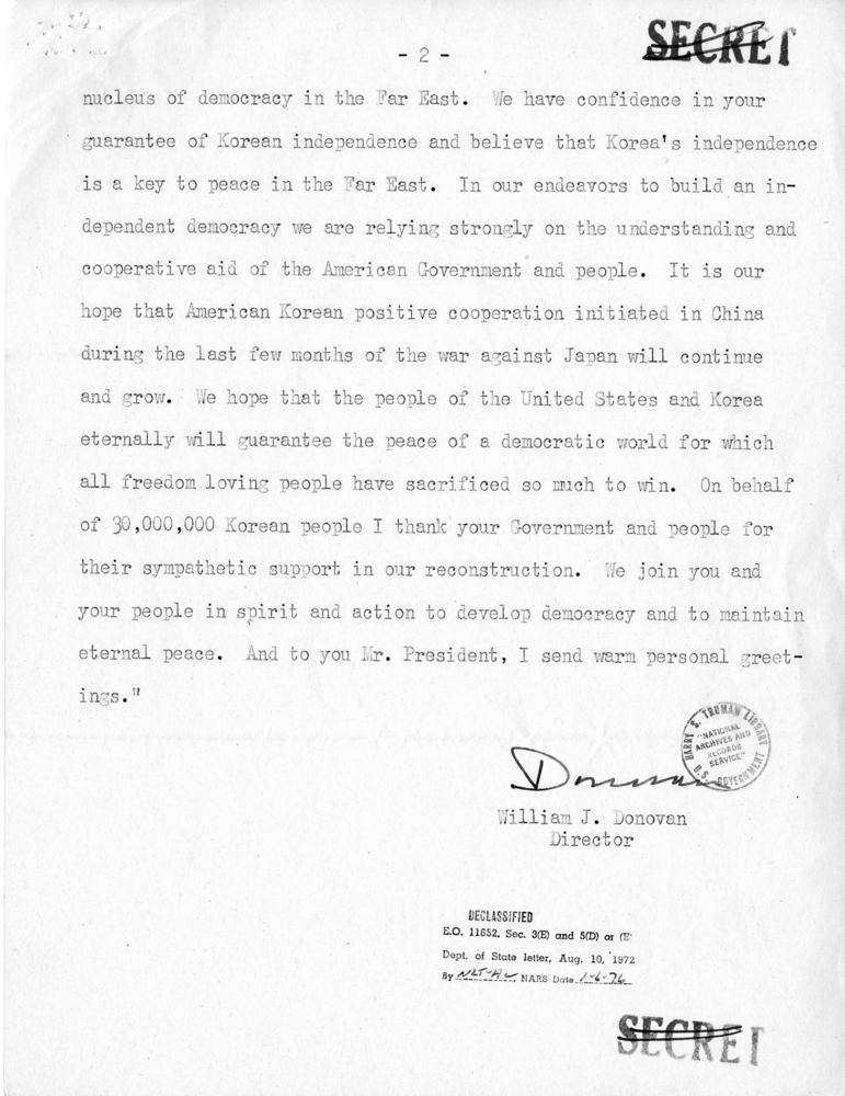 Harry S. Truman to General William Donovan with Related Material