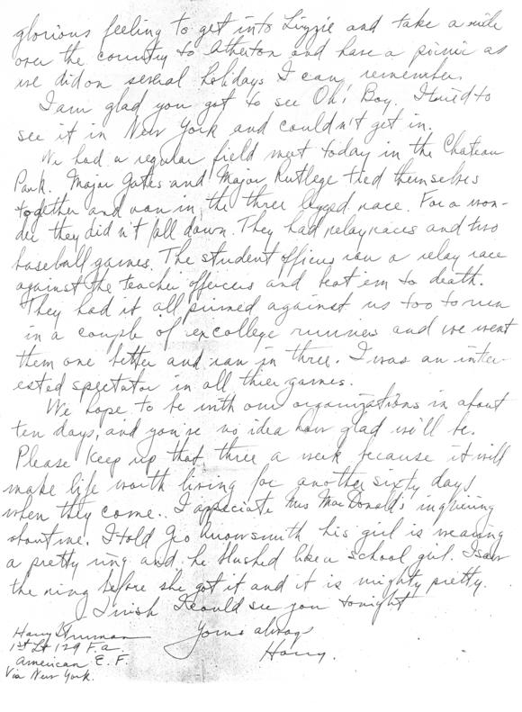 Letter, Harry S. Truman to Bess Wallace