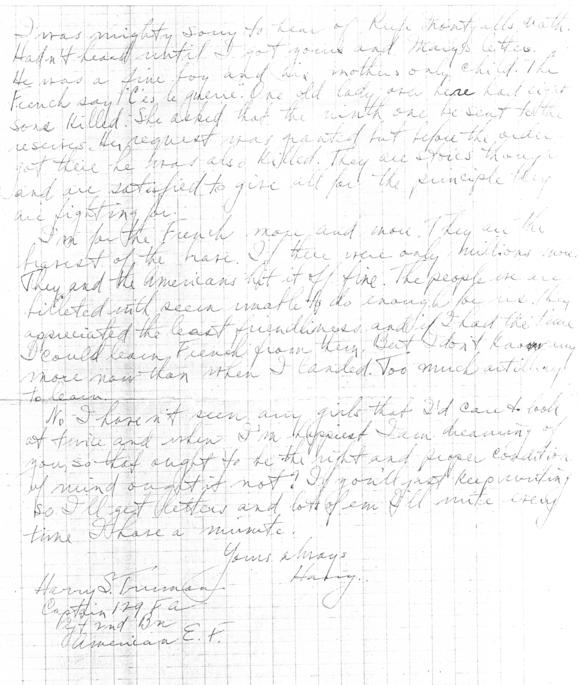 Letter, Harry S. Truman to Bess Wallace