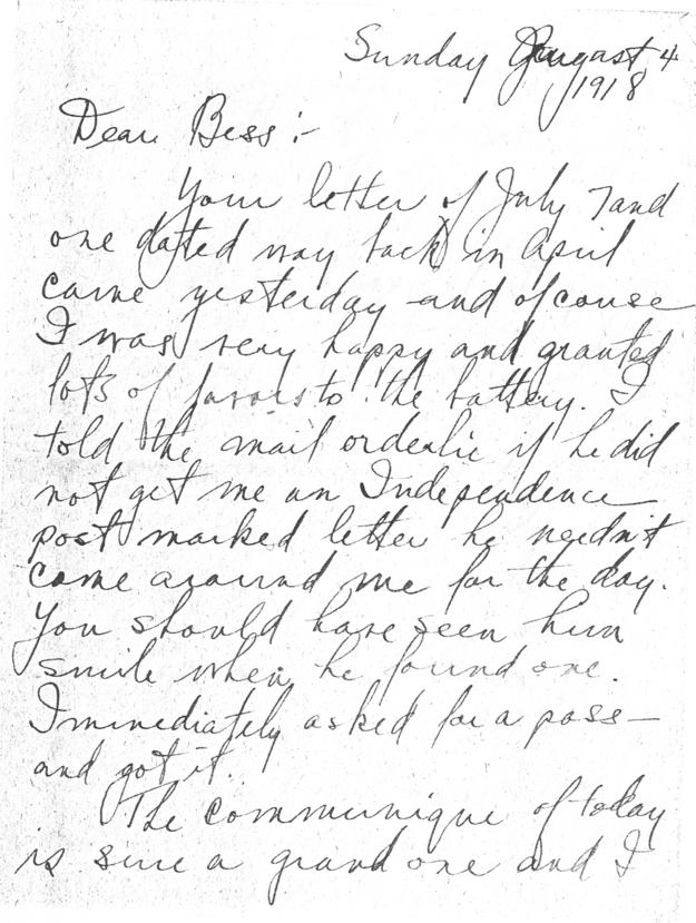 Letter, Harry S. Truman to Bess Wallace