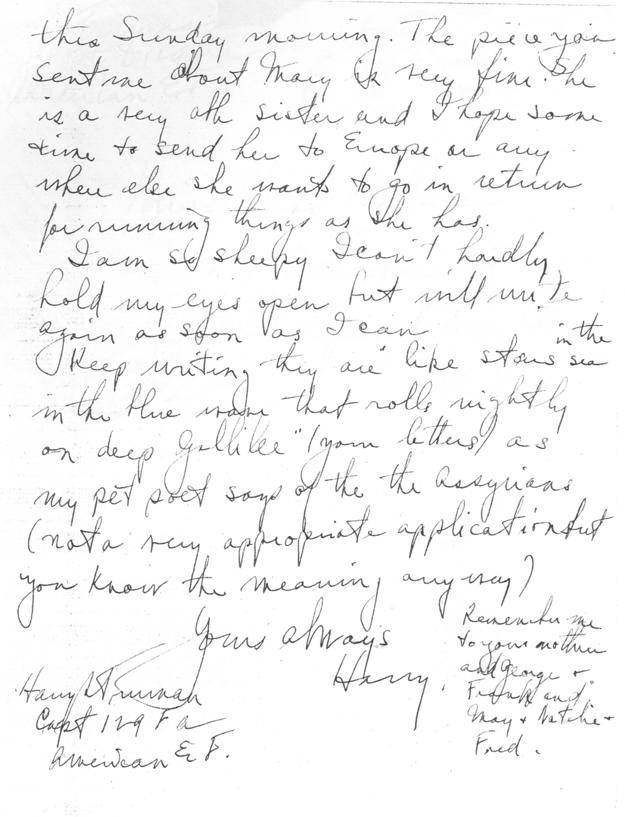 Letter, Harry S. Truman to Bess Wallace