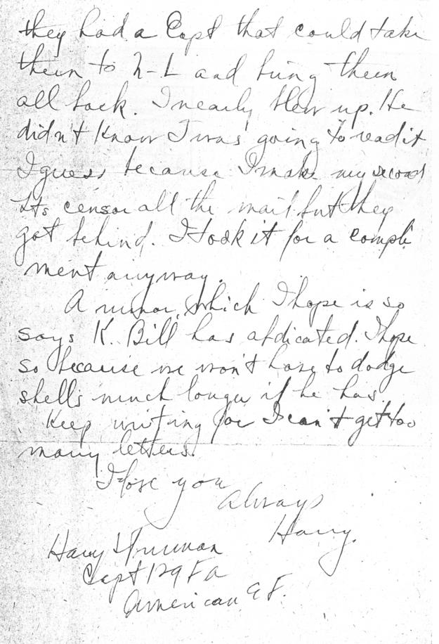 Letter, Harry S. Truman to Bess Wallace