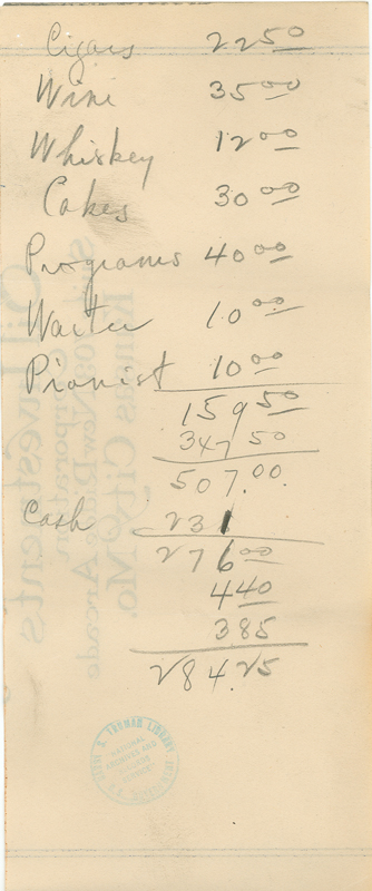 Invoices, receipts, and other items related to 1920 Battery D Banquet