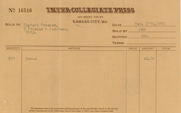 Invoices, receipts, and other items related to 1920 Battery D Banquet