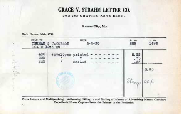 Invoices, receipts, and other items related to 1920 Battery D Banquet