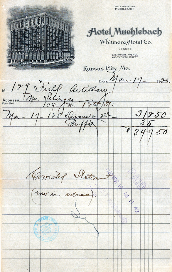 Invoices, receipts, and other items related to 1920 Battery D Banquet