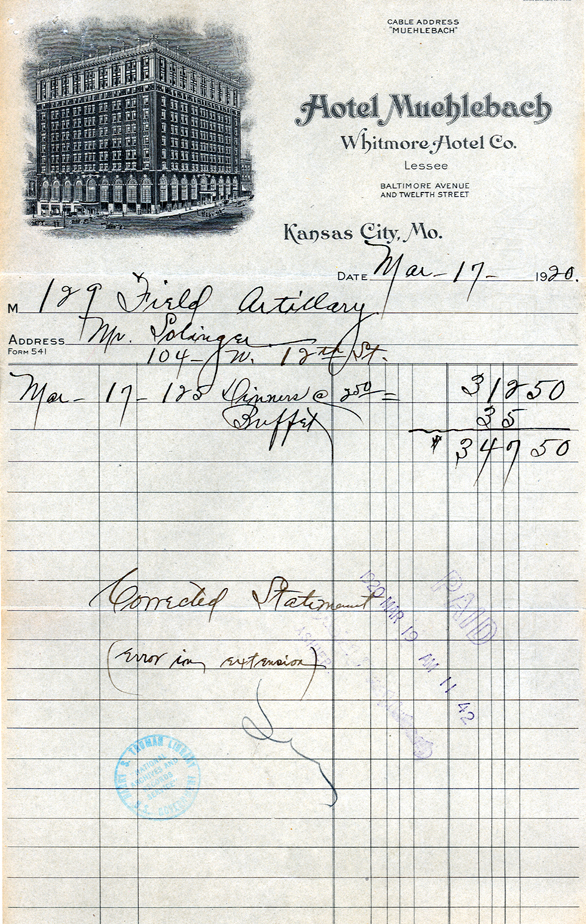 Invoices, receipts, and other items related to 1920 Battery D Banquet