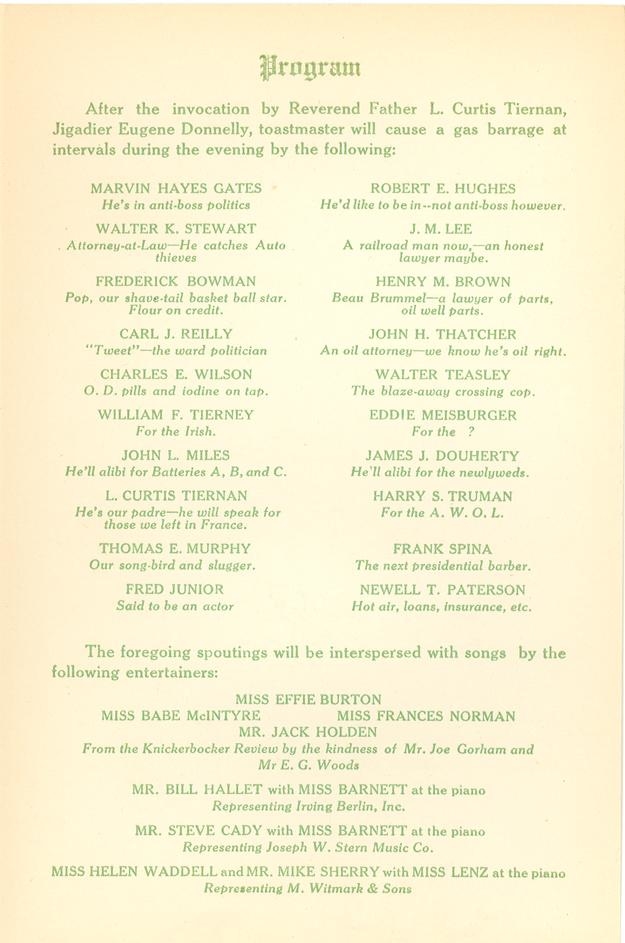 Program from 1920 Battery D Reunion Dinner