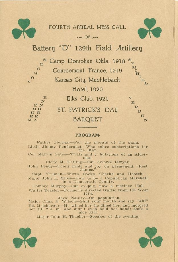 Program from 1921 Battery D Reunion Banquet