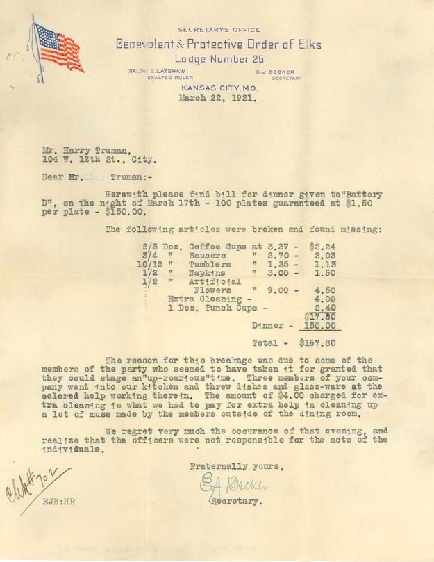 Letter, E. J. Becker to Harry S. Truman