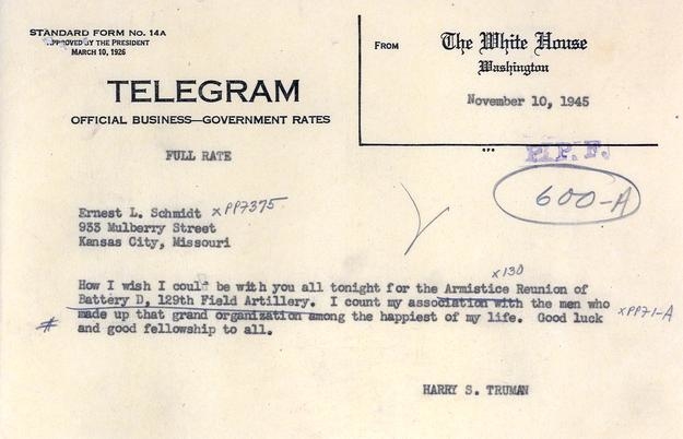 Telegram, Harry S. Truman to Ernest L. Schmidt, with related correspondence