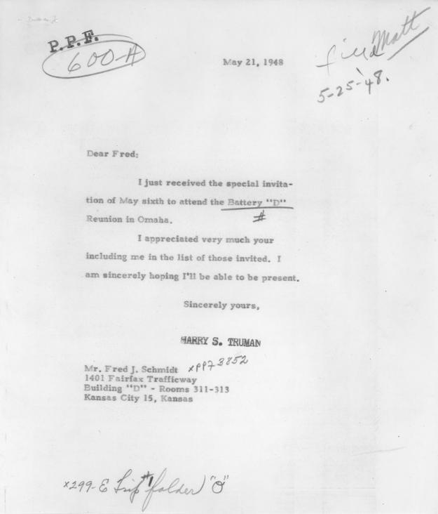 Correspondence between Harry S. Truman and Fred J. Schmidt