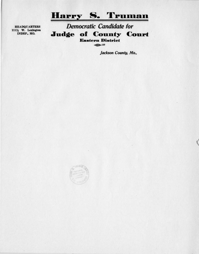 Letterhead, Harry S. Truman, Democratic Candidate for County Judge