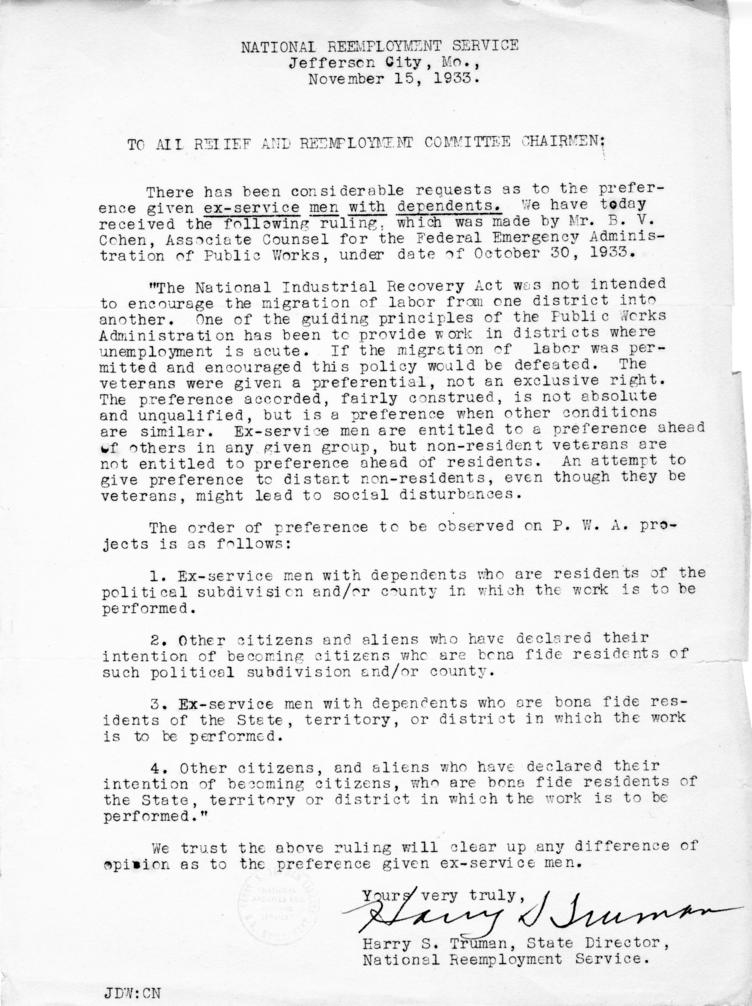 Harry S. Truman to Relief and Reemployment Committee Chairmen