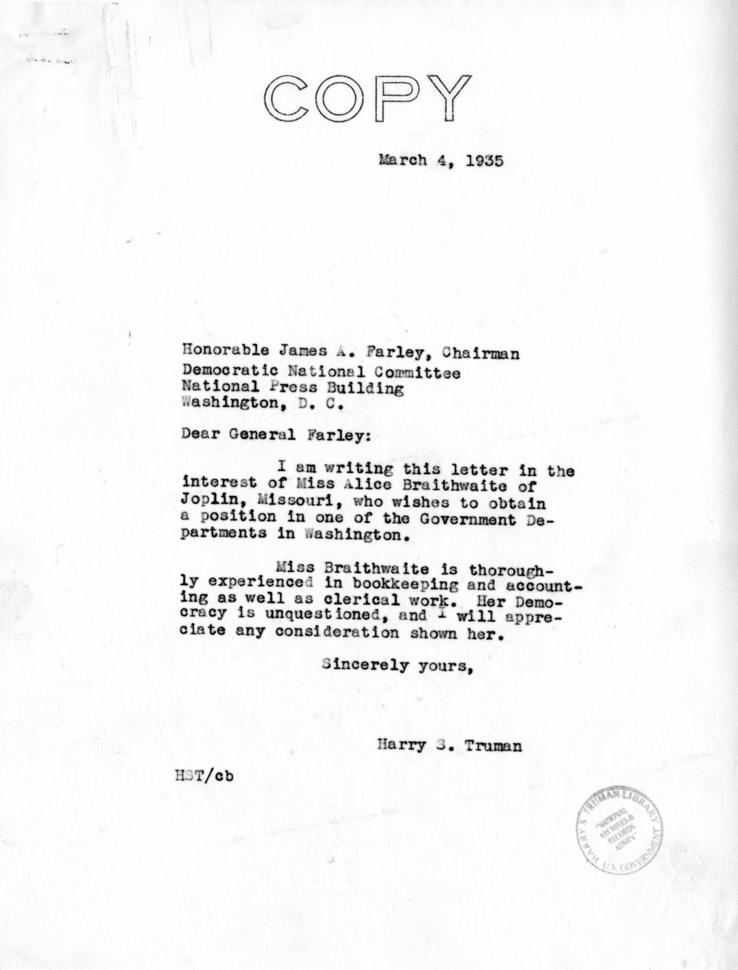 Harry S. Truman to James Farley, with attachments