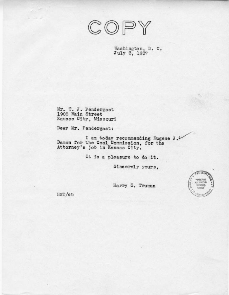 Correspondence between Harry S. Truman and Thomas J. Pendergast, with attachment