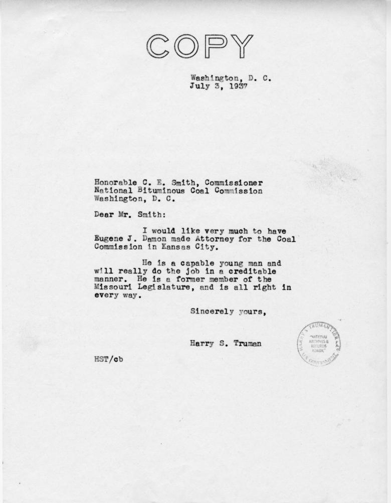 Correspondence between Harry S. Truman and Thomas J. Pendergast, with attachment